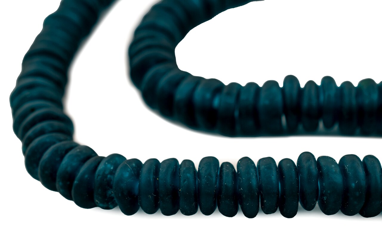 The Bead Chest African Disk Recycled Glass Beads - Full Strand of Eco-Friendly Ghanaian Rondelle Beads (Alpine Teal)